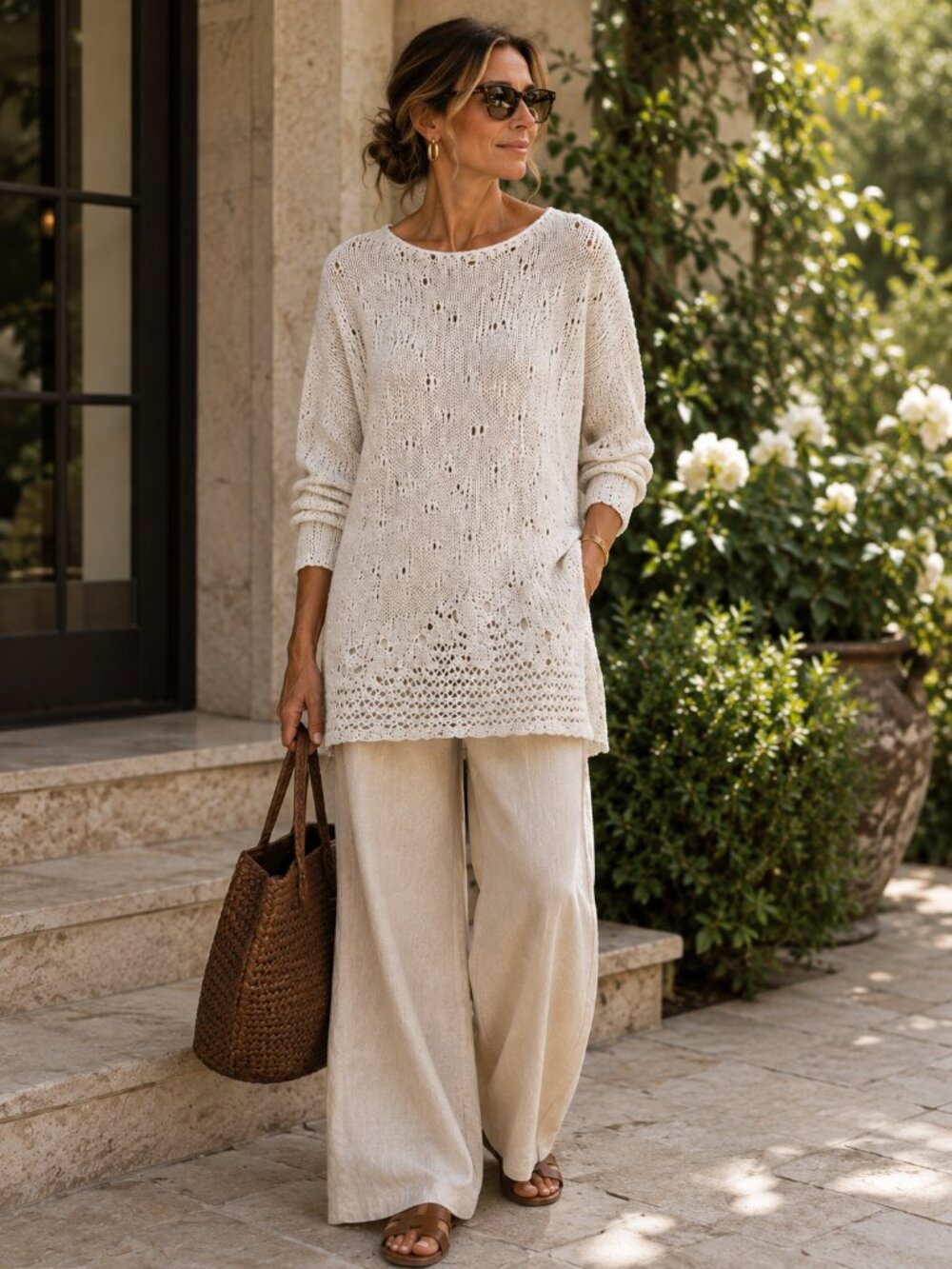 SARAH PACINI Open Knit Tunic Sweater Euro Chic Quiet Luxury Lagenlook Boho Luxe